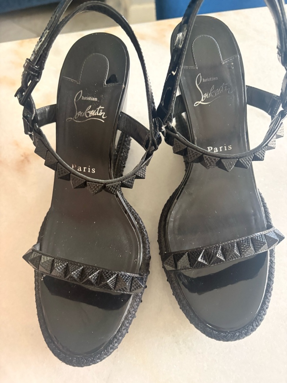 Christian Louboutin Black Studded Wedge Sandals - Picture 3 of 8